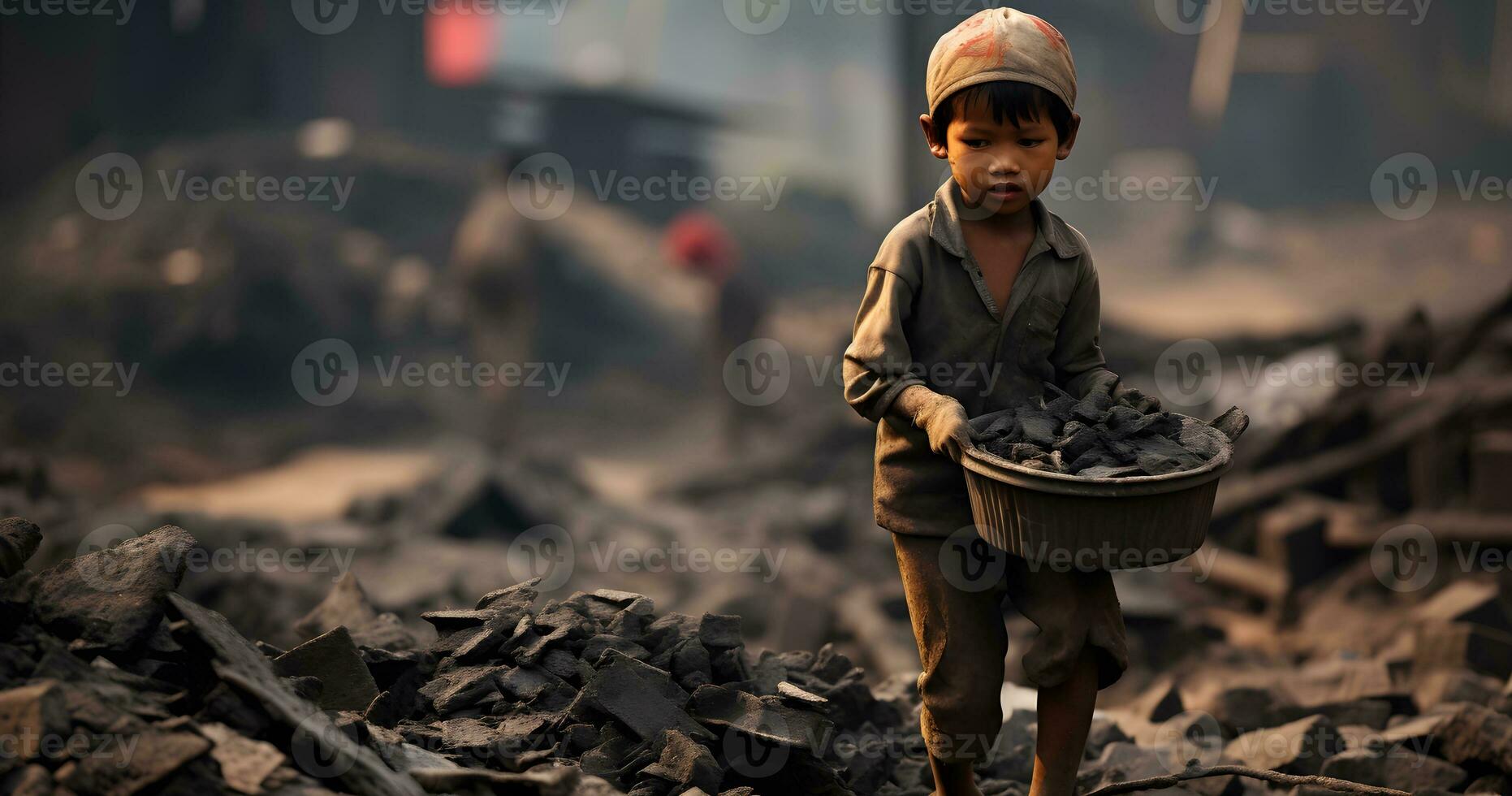 A underage Child is working on harsh condition world  day against child labor ai generative photo