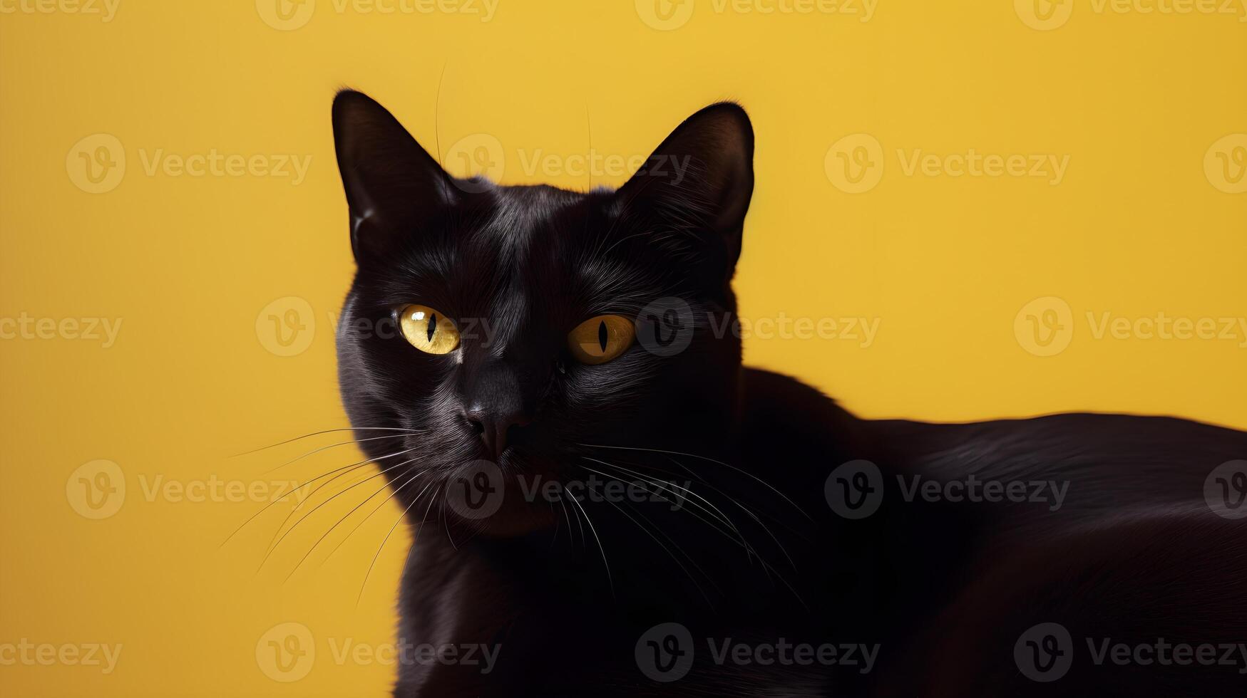 Cute furry black cat with yellow background photo