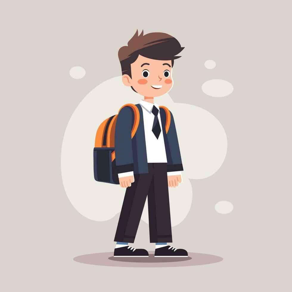 Young boy, schoolboy in school uniform and with a backpack goes to school. Cartoon vector illustration. Gray abstract background. Back to school.