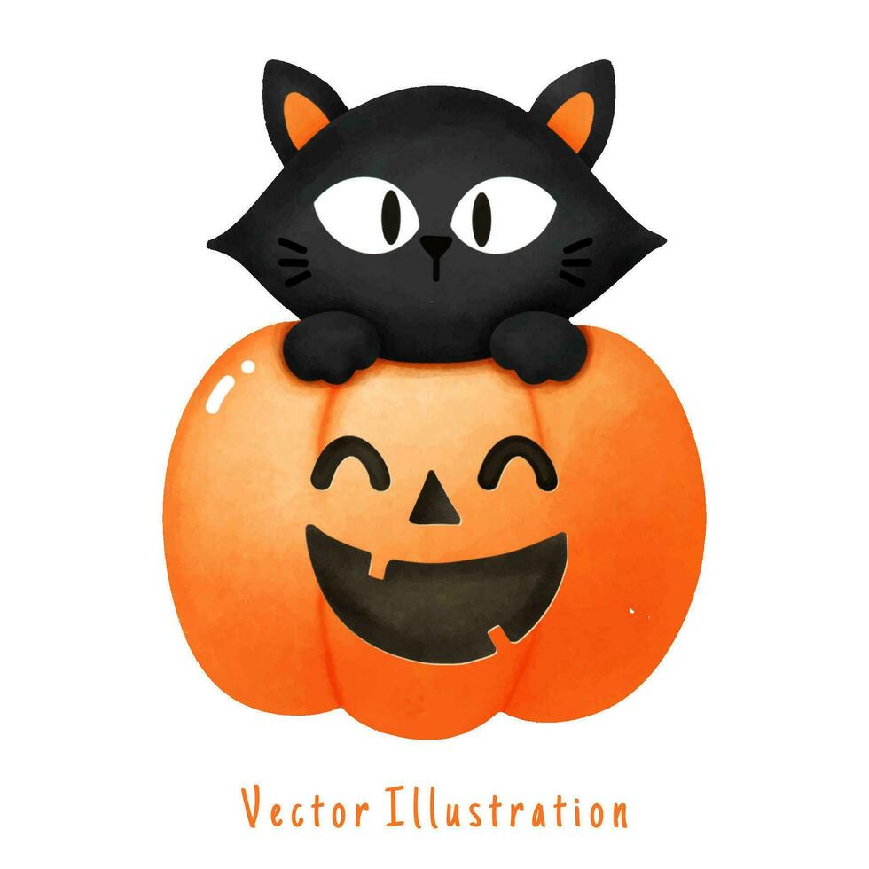 Cute jack o lantern pumpkin with black cat, Halloween vector watercolor illustration