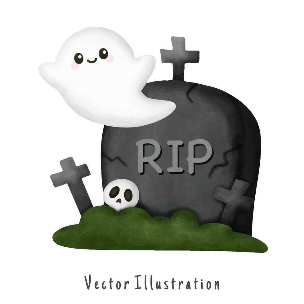 fantasma con el tumba, Víspera de Todos los Santos vector acuarela ilustración