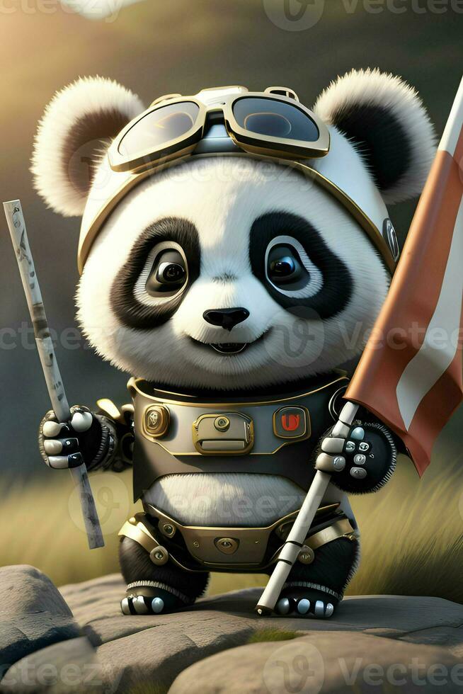 cute little panda animal holding flag made by generative Ai technology photo