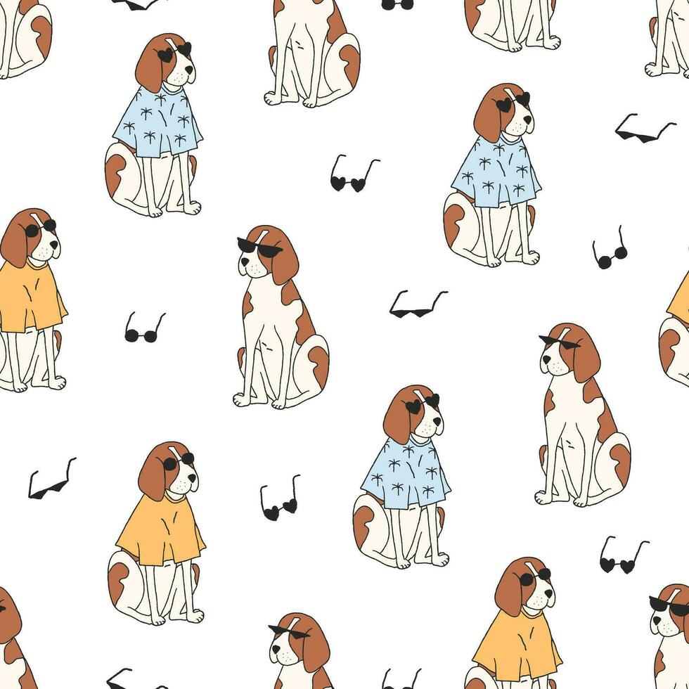Hand drawn seamless pattern with cute dogs in sunglasses vector