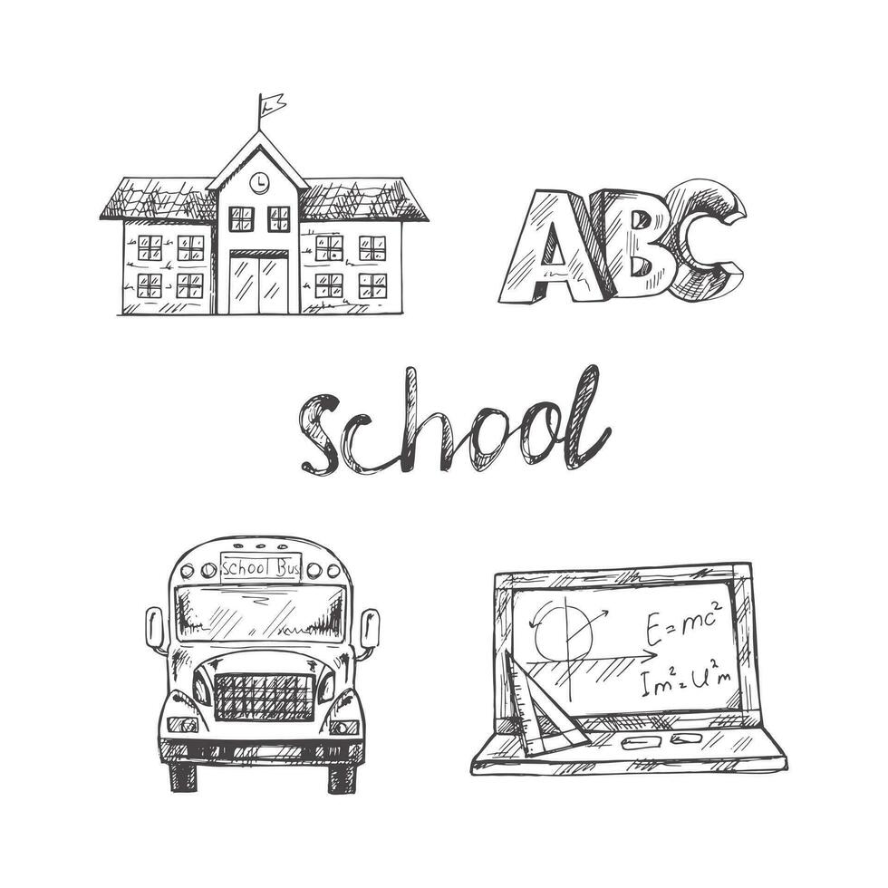 Back to School, hand drawn school sketch set. Doodle lettering and school object collection. Education Concept. Vintage sketch element. Vector illustration. Back to School.