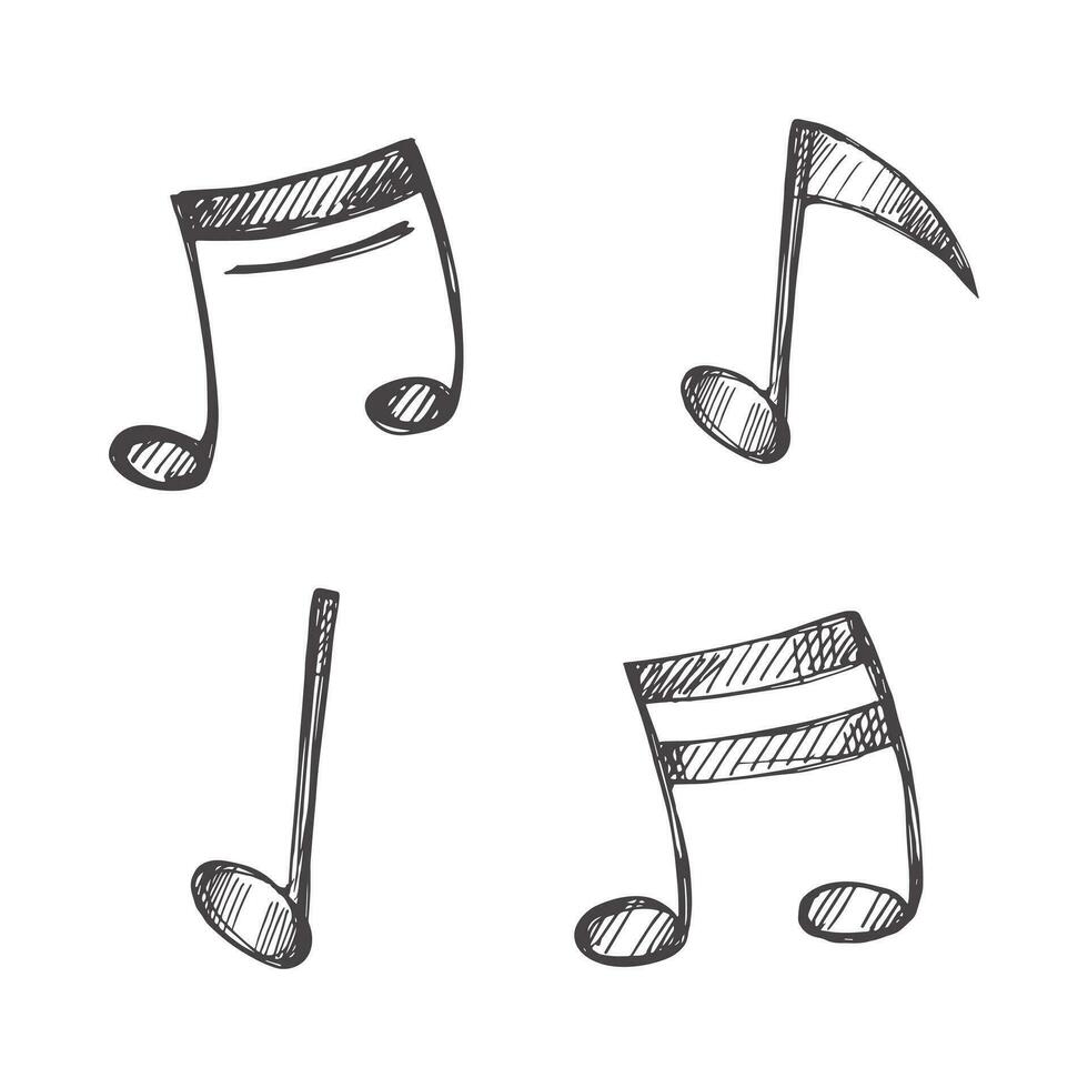 Vector hand-drawn music Illustration set. Detailed retro style musical note sketch. Vintage sketch element. Back to School.