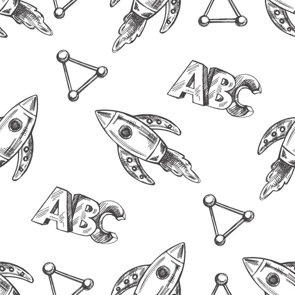 Vector hand-drawn school Illustration. Detailed retro style rocket, lettring, crystallized molecule seamless pattern. Vintage sketch drawing, doodle. Back to School.