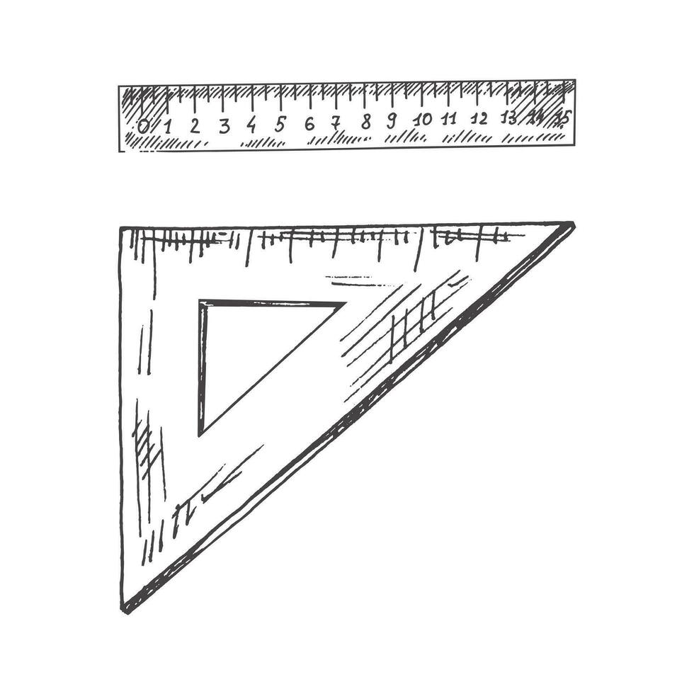 Vector hand-drawn school and office supplies Illustration set. Detailed retro style triangular and rectangular ruler sketches. Vintage sketch element. Back to School.  School essential illustration.