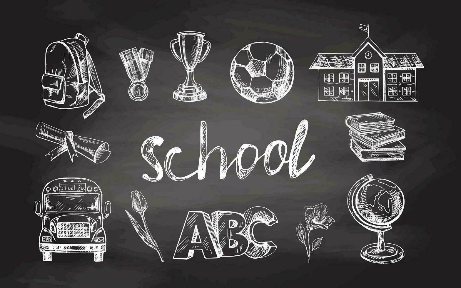 Back to School, hand drawn school supplies - big sketch set on chalkboard background . Doodle lettering and school object collection. Education Concept. Vintage sketch element. Back to School. vector