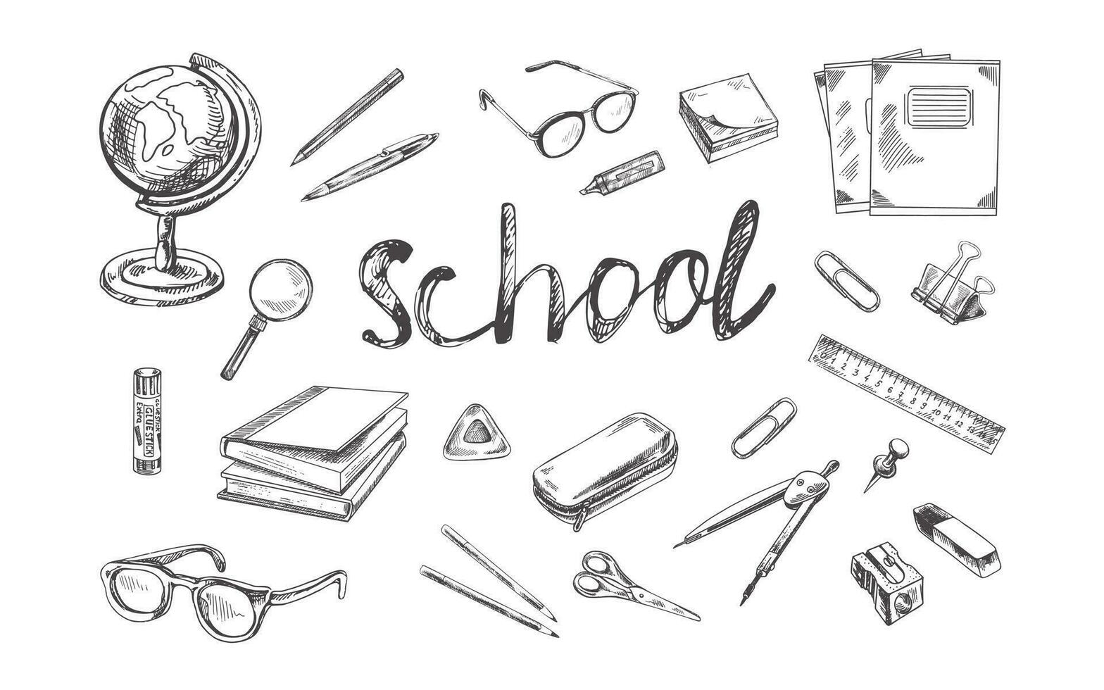 Back to School, hand drawn school supplies - big sketch set. Doodle lettering and school object collection. Education Concept. Vintage sketch element.  Vector illustration. Back to School.