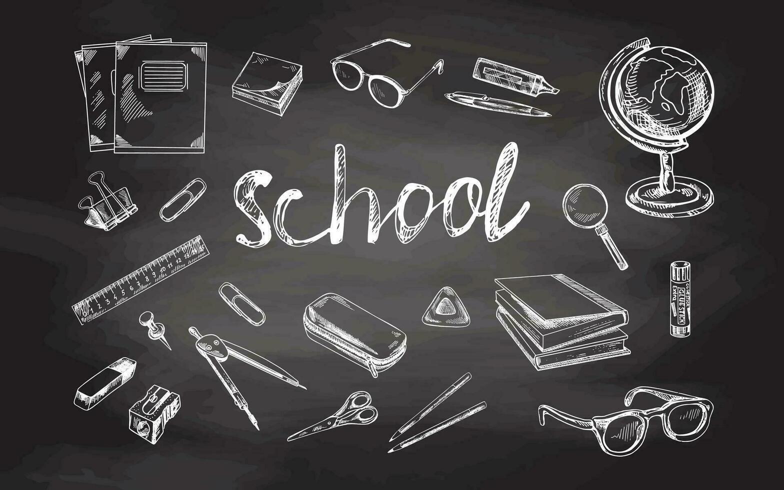 Back to School, hand drawn school supplies - big sketch set on chalkboard background . Doodle lettering and school object collection. Education Concept. Vintage sketch element. Back to School. vector