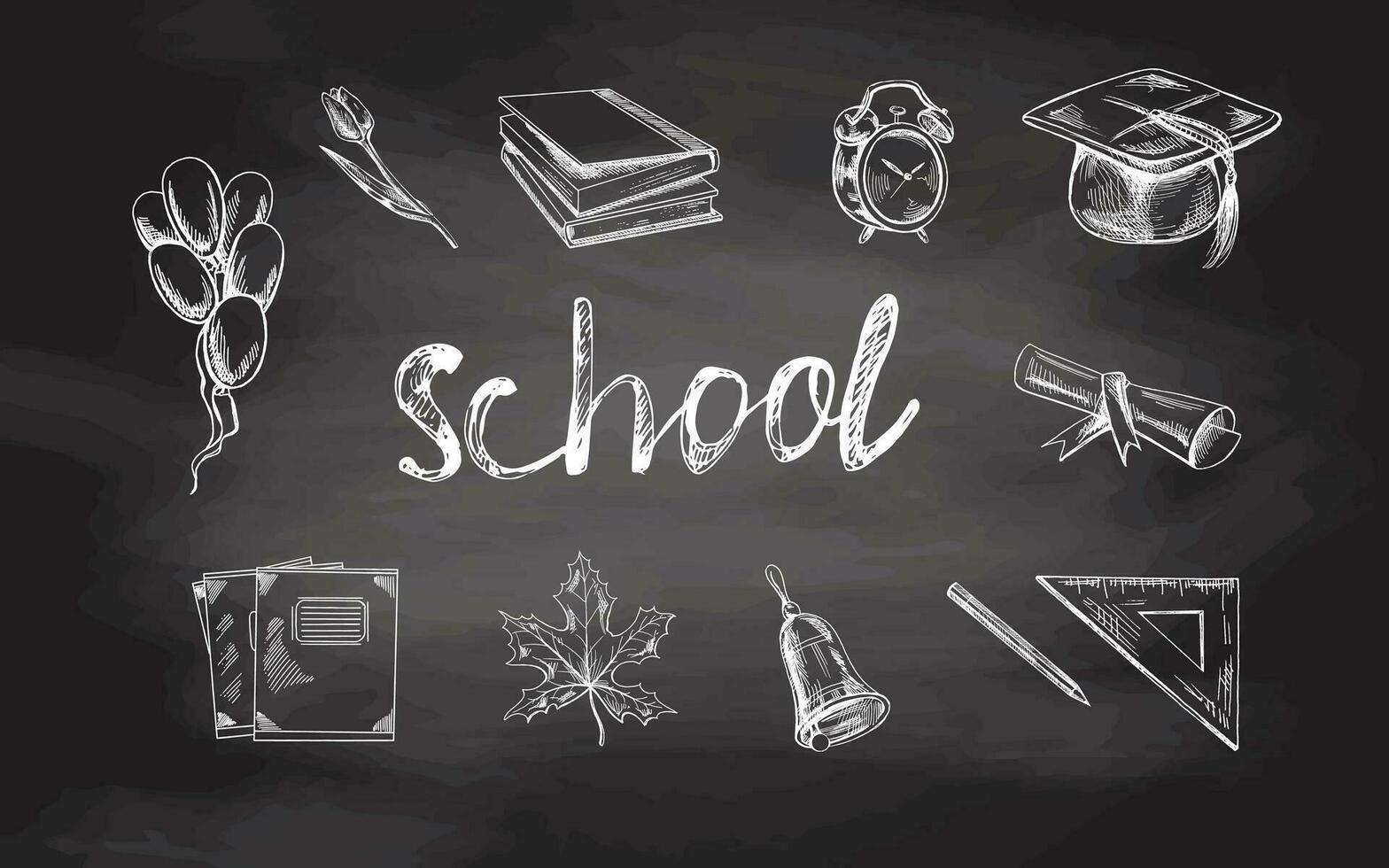 Back to School, hand drawn school supplies - big sketch set on chalkboard background . Doodle lettering and school object collection. Education Concept. Vintage sketch element. Back to School. vector