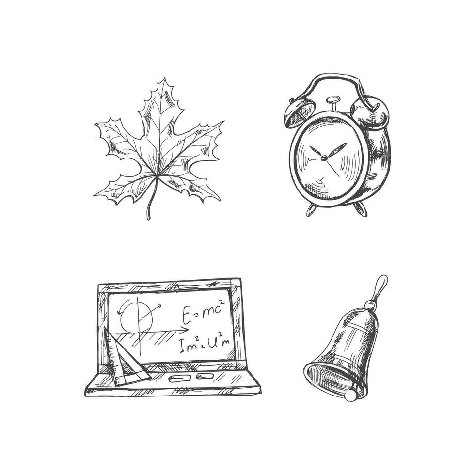 Back to School, hand drawn school sketch set. Doodle lettering and school object collection. Education Concept. Vintage sketch element. Vector illustration. Back to School.