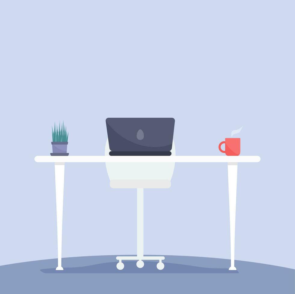 Empty Workplace, Desk Chair Computer Workspace Office concept. No People. Vector flat cartoon graphic design illustration. Creative coworking center