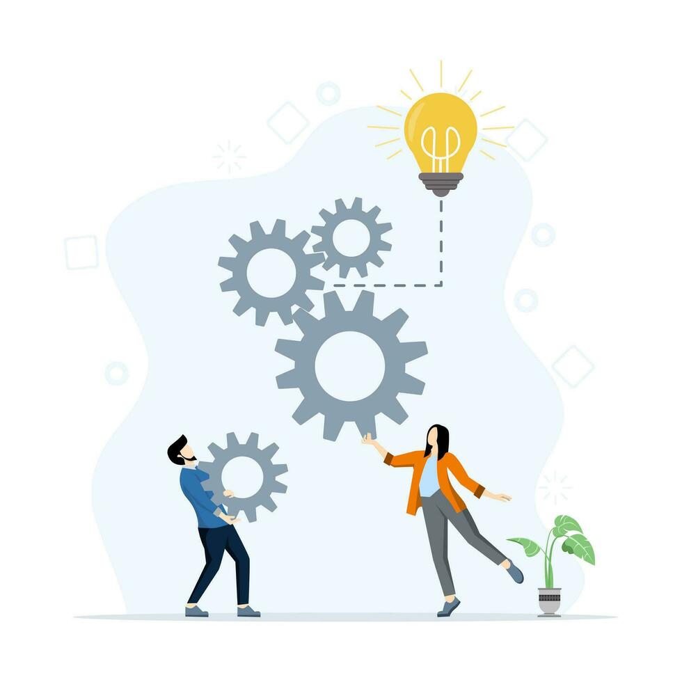 business concept, people work together to create an idea, a shining light bulb gives rise to an idea, symbol of creativity, creative idea, thought, thought. Flat vector illustration on background.