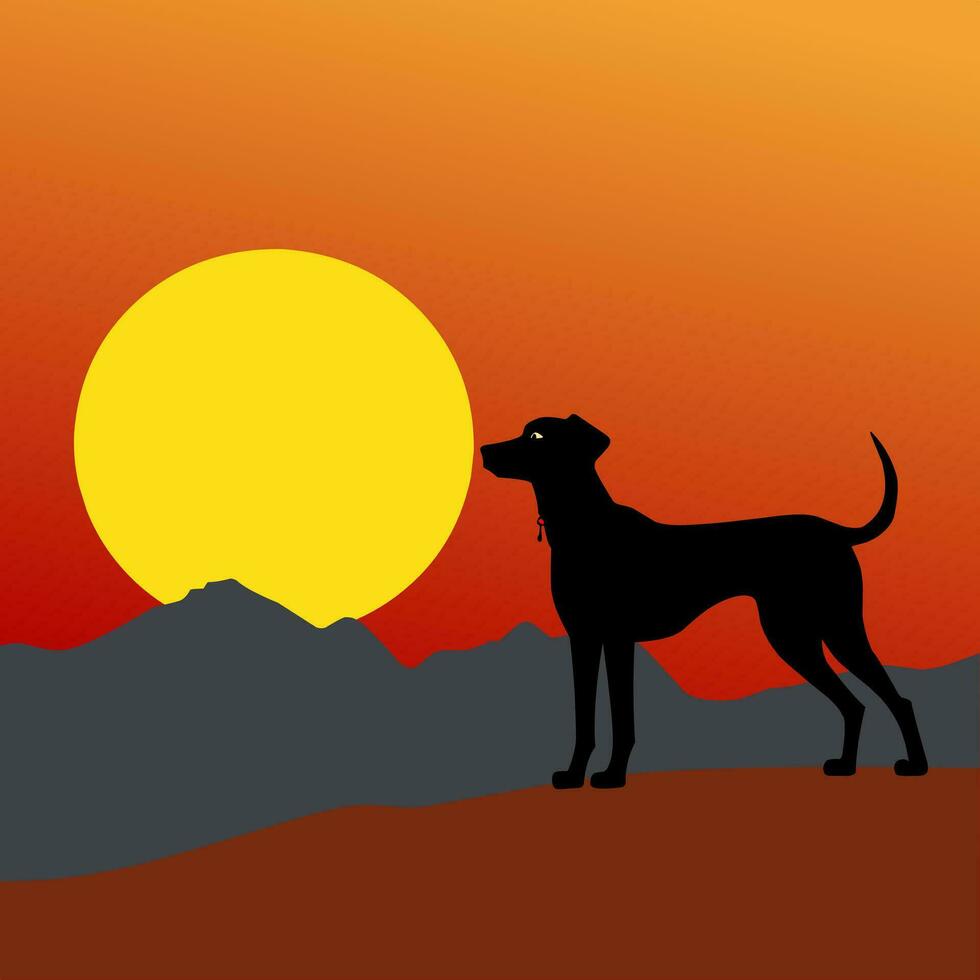 dog animal with mountain view and sun red background animation vector illustration