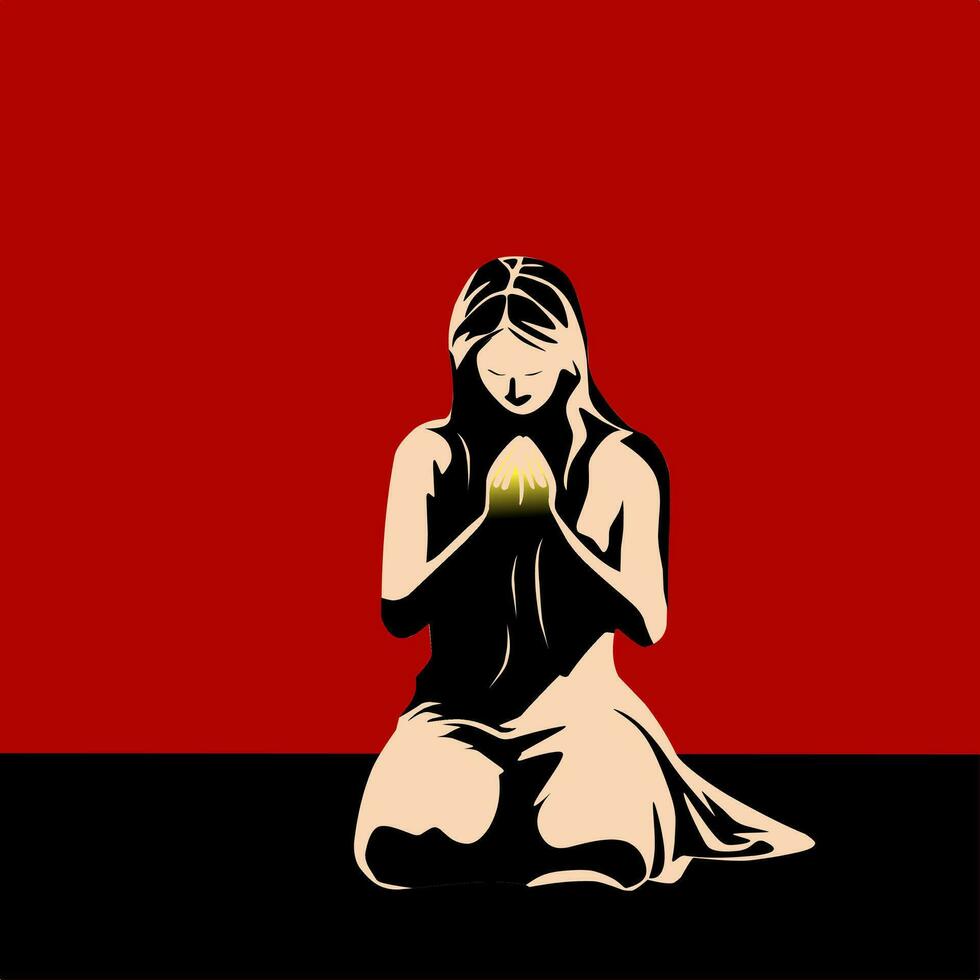 Vector illustration of praying woman on red background