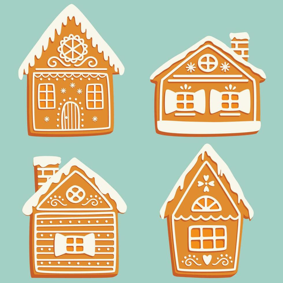 Set of Christmas gingerbread bakery houses. Christmas sweets and gifts. vector