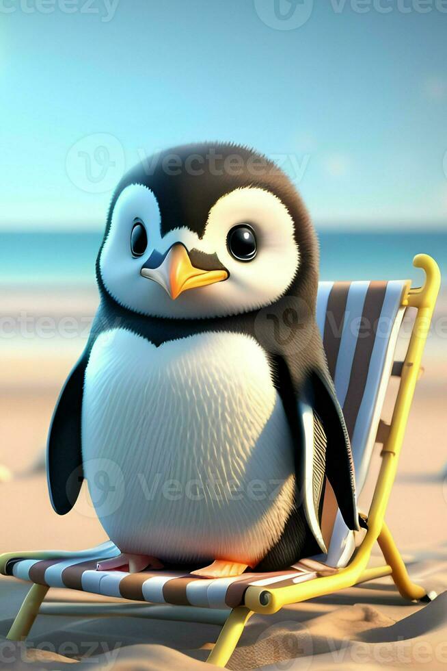 cute penguin animal sitting on the beach made by generative Ai technology photo