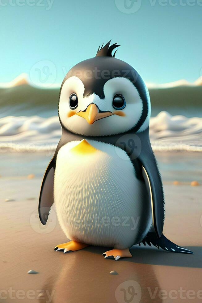 cute penguin animal on the beach made with generative Ai technology photo