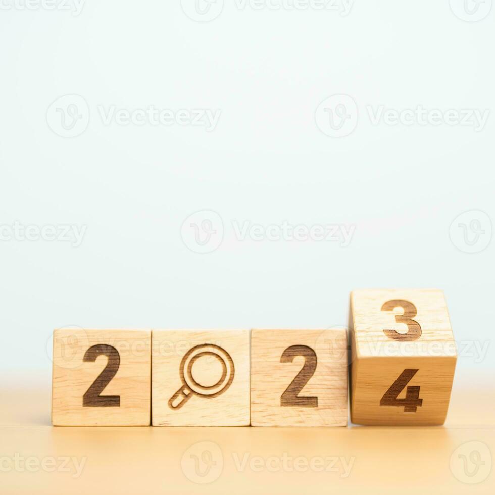 2024 block with magnifying glass icon. SEO, Search Engine Optimization, hiring , Advertising, Idea, Strategy, marketing, Keyword, Content and New Year start concepts photo
