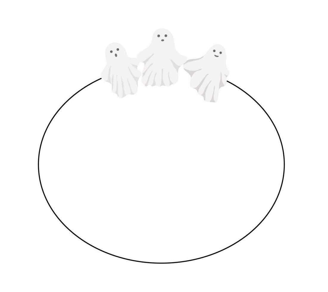 Little cute ghosts oval frame simple hand drawn vector outline illustration of doodle fancy Halloween scary decor elements, perfect for Halloween party stationery, poster, invitation