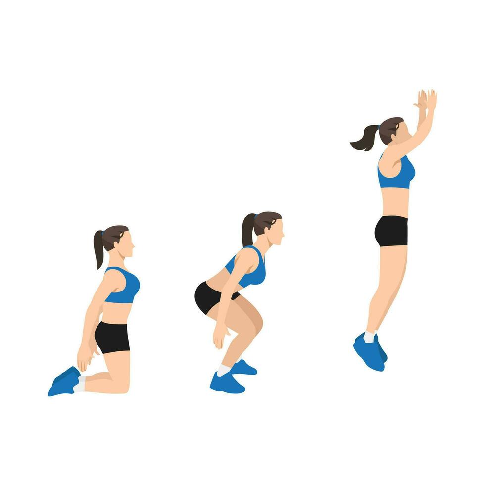 Woman doing Floor. Power jumps. Knee to jump squat exercise. Flat vector illustration isolated on white background