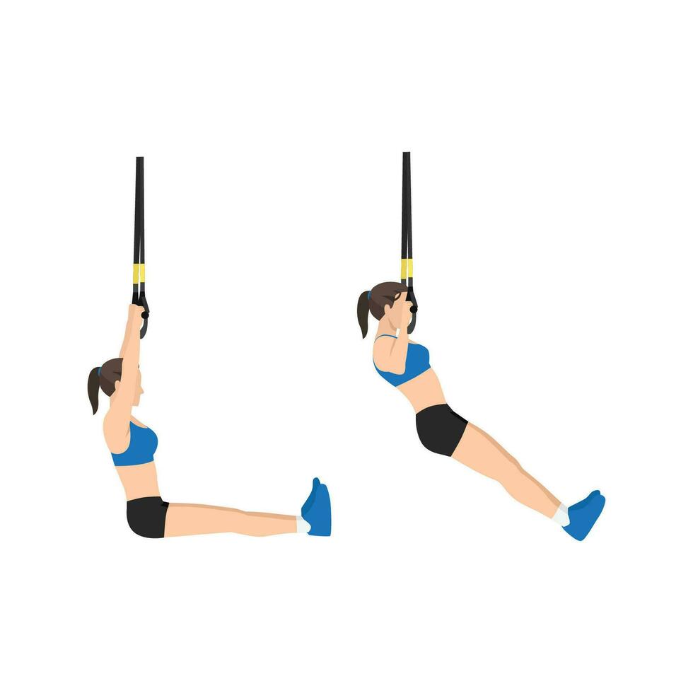 Woman doing TRX pull ups exercise. Flat vector illustration isolated on white background