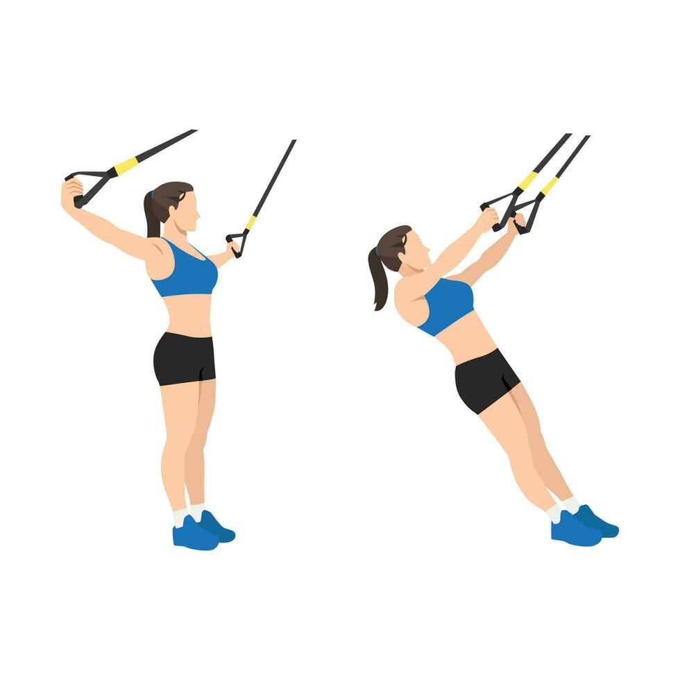Woman doing TRX Suspension strap T Flyes exercise. Flat vector illustration isolated on white background