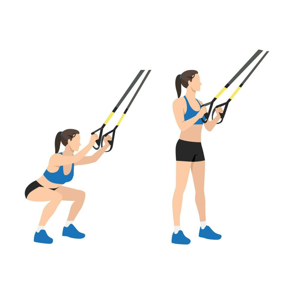 Woman doing TRX Suspension straps squats exercise. Flat vector illustration isolated on white background