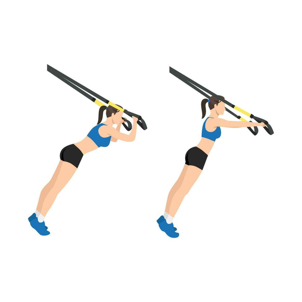 Woman doing TRX Suspension straps triceps extensions flat vector illustration isolated on white background