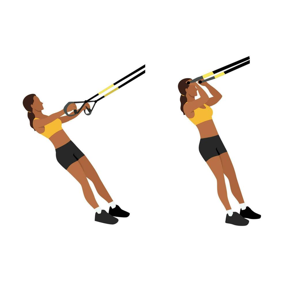Woman doing TRX Suspension strap bicep curls exercise. Flat vector illustration isolated on white background
