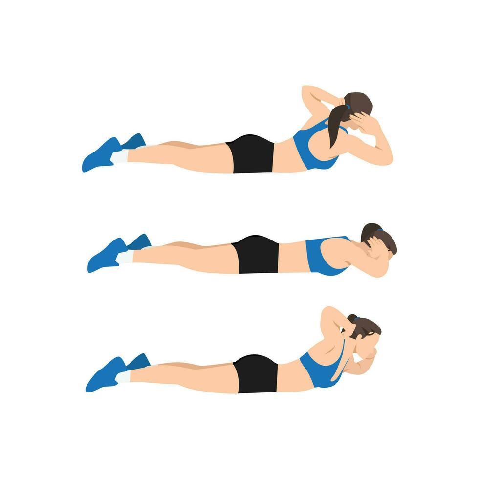 Woman doing Superman twist exercise. Flat vector illustration isolated on white background