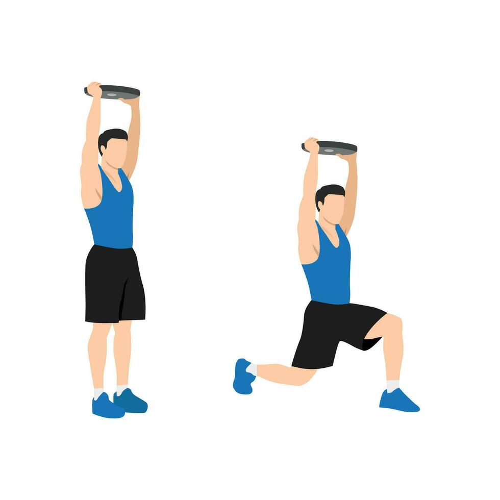 Man doing Plate overhead walking lunges exercise. Flat vector illustration isolated on white background