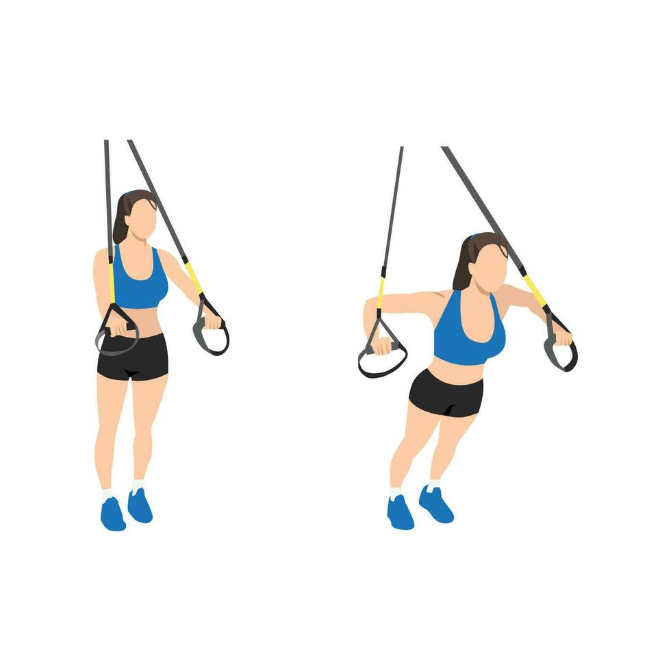 Woman doing TRX Suspension straps chest press exercise. Flat vector illustration isolated on white background