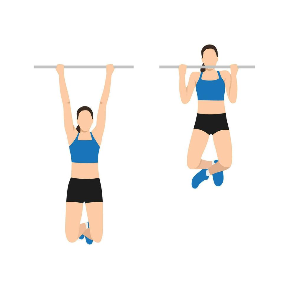 Woman doing Chin up exercise. Flat vector illustration isolated on white background. workout character set