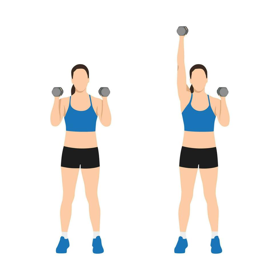 Woman doing Single arm dumbbell overhead shoulder press exercise. Flat vector illustration isolated on white background. workout character set