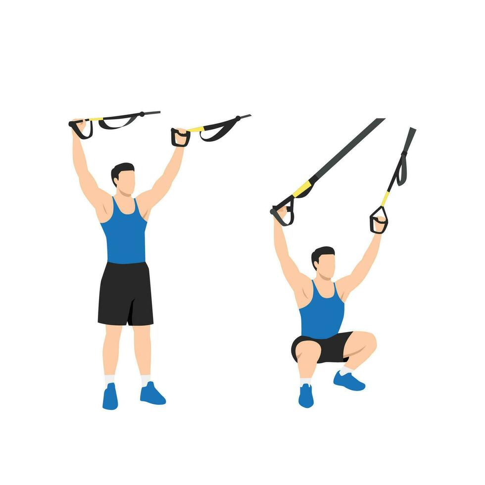 hombre haciendo trx suspensión correas gastos generales sentadillas ejercicio. plano vector ilustración aislado en blanco antecedentes