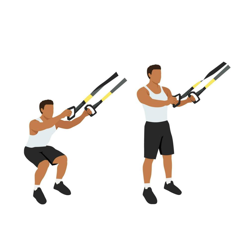 hombre haciendo trx suspensión correas sentadillas ejercicio. plano vector ilustración aislado en blanco antecedentes