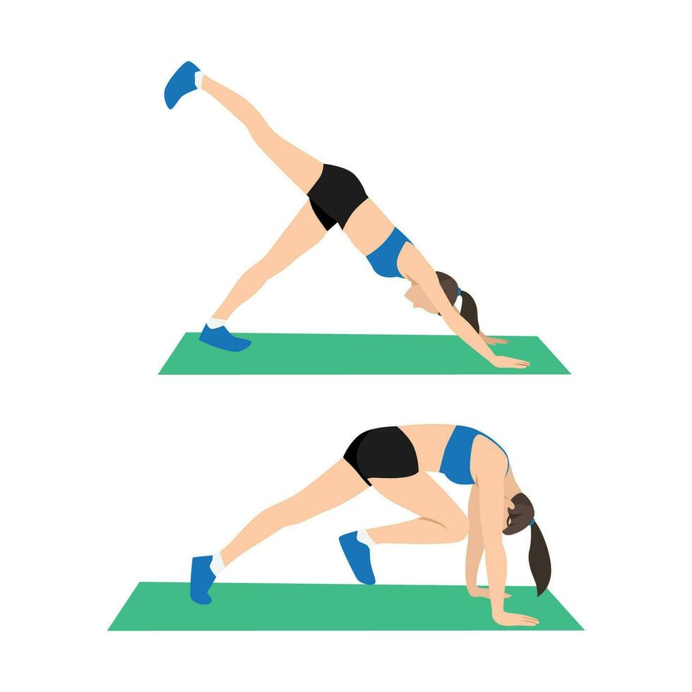 Woman doing Down dog abs exercise. Flat vector illustration isolated on white background