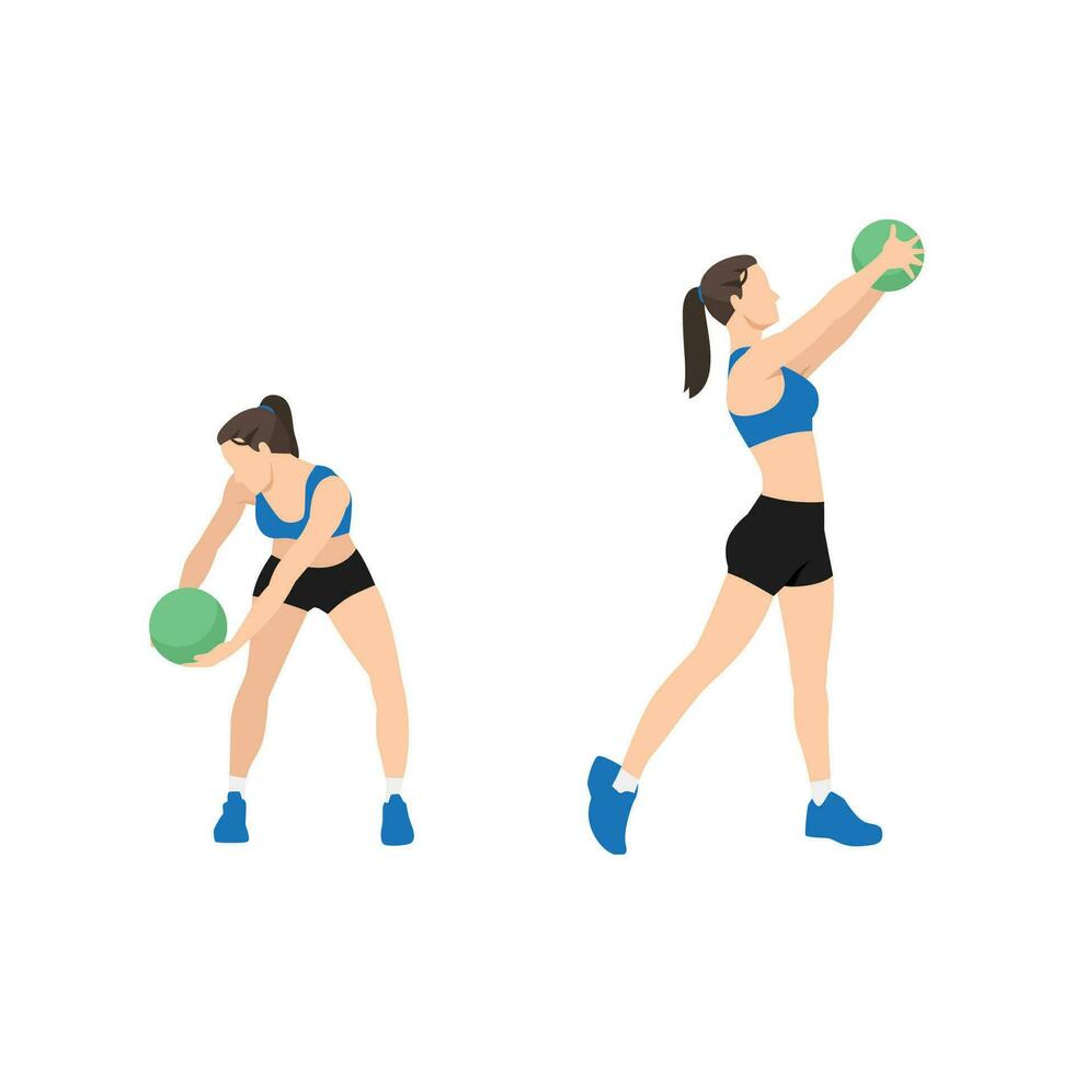 Woman doing Medicine ball wood chops exercise. Flat vector illustration isolated on white background. workout character set
