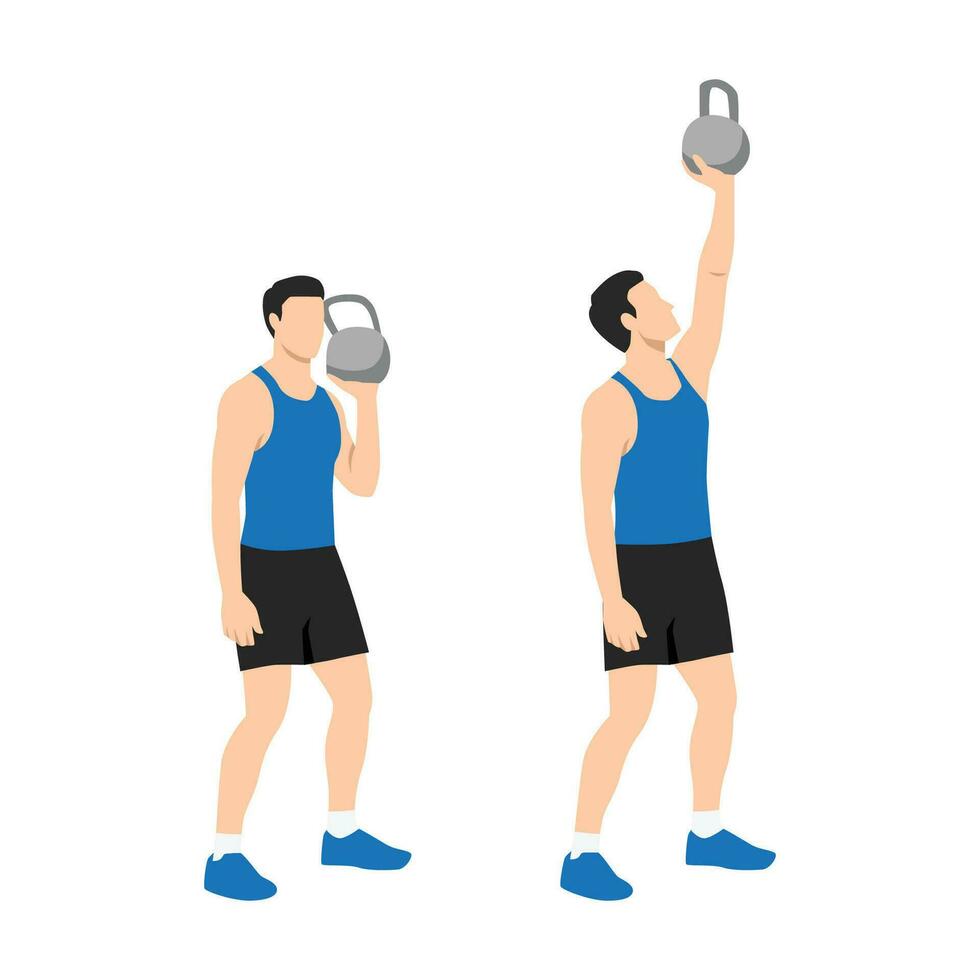 Man doing One arm shoulder press with kettlebell exercise. Flat vector illustration isolated on white background