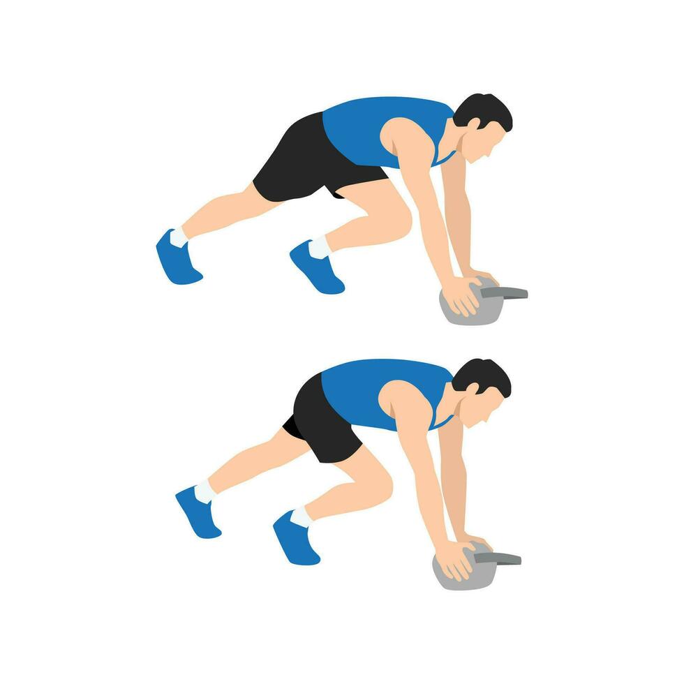 Man doing Mountain climber with kettlebell exercise. Flat vector illustration isolated on white background. workout character set