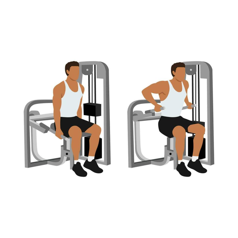 Man doing Assisted Machine seated tricep dips exercise. Flat vector illustration isolated on white background