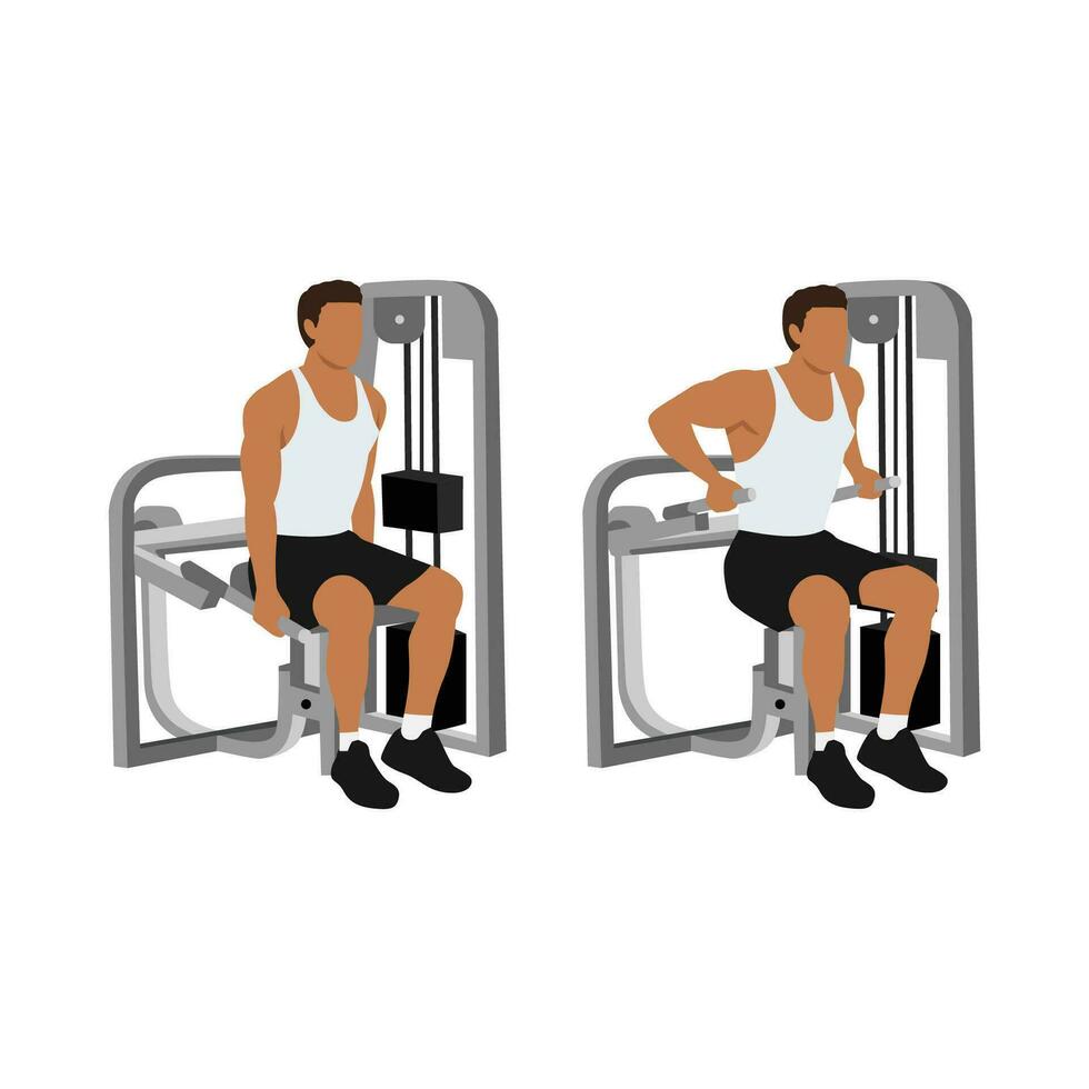 hombre haciendo asistido máquina sentado tricep Me lo pido ejercicio. plano vector ilustración aislado en blanco antecedentes