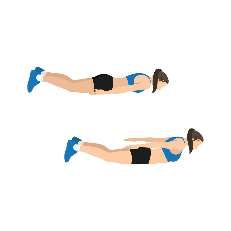 Woman doing Prone back extension exercise. Flat vector illustration isolated on white background