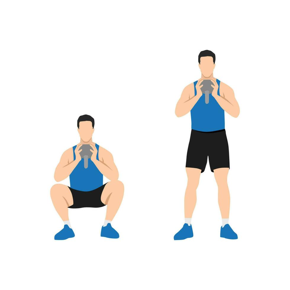 Man doing Kettle bell goblet squat exercise. Flat vector illustration isolated on white background. workout character set