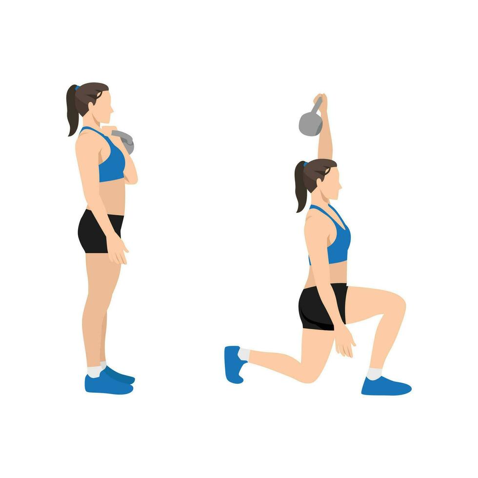mujer haciendo pesas rusas estocada prensa ejercicio. plano vector ilustración aislado en blanco antecedentes. rutina de ejercicio personaje conjunto