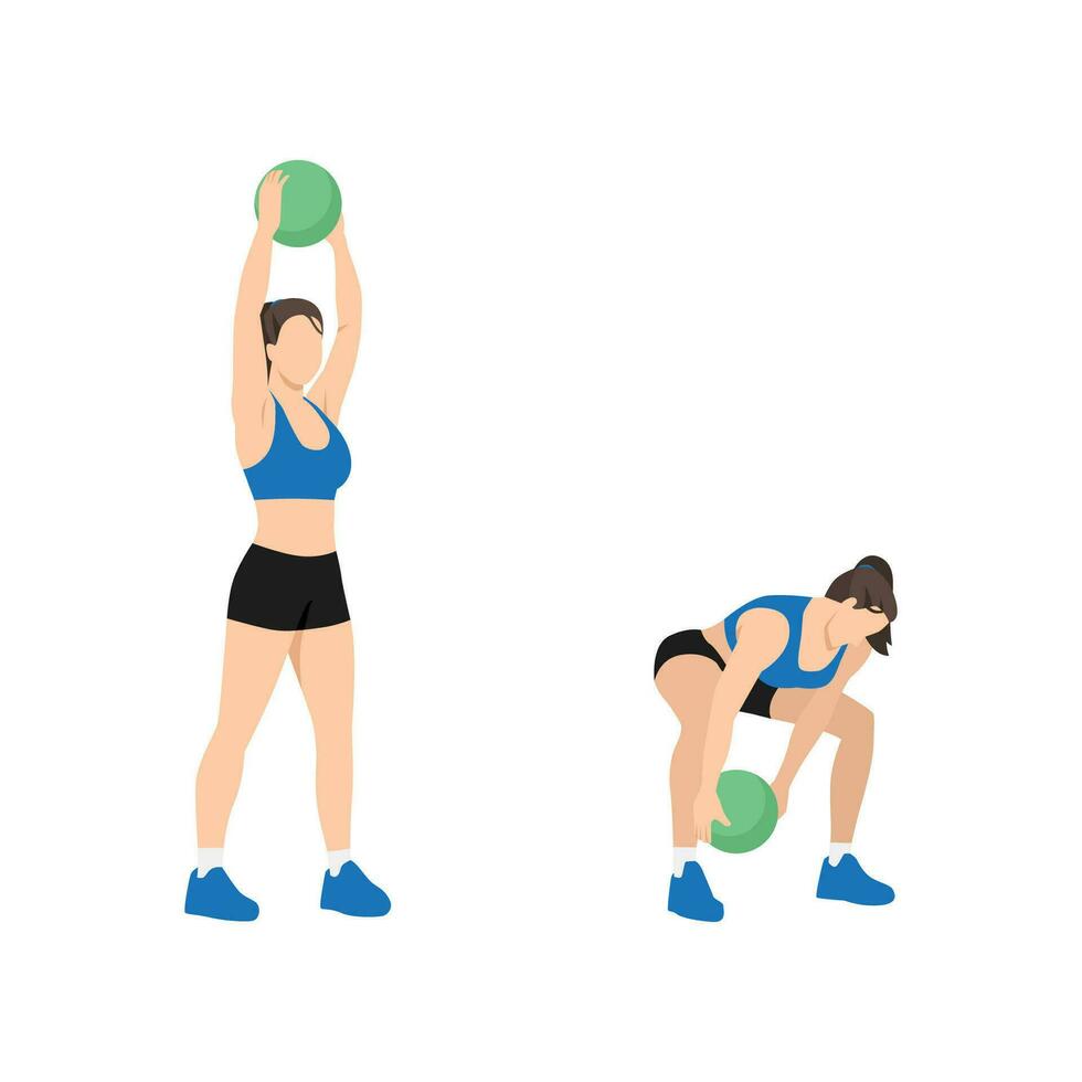 Woman doing Medicine ball swings exercise. Flat vector illustration isolated on white background. workout character set