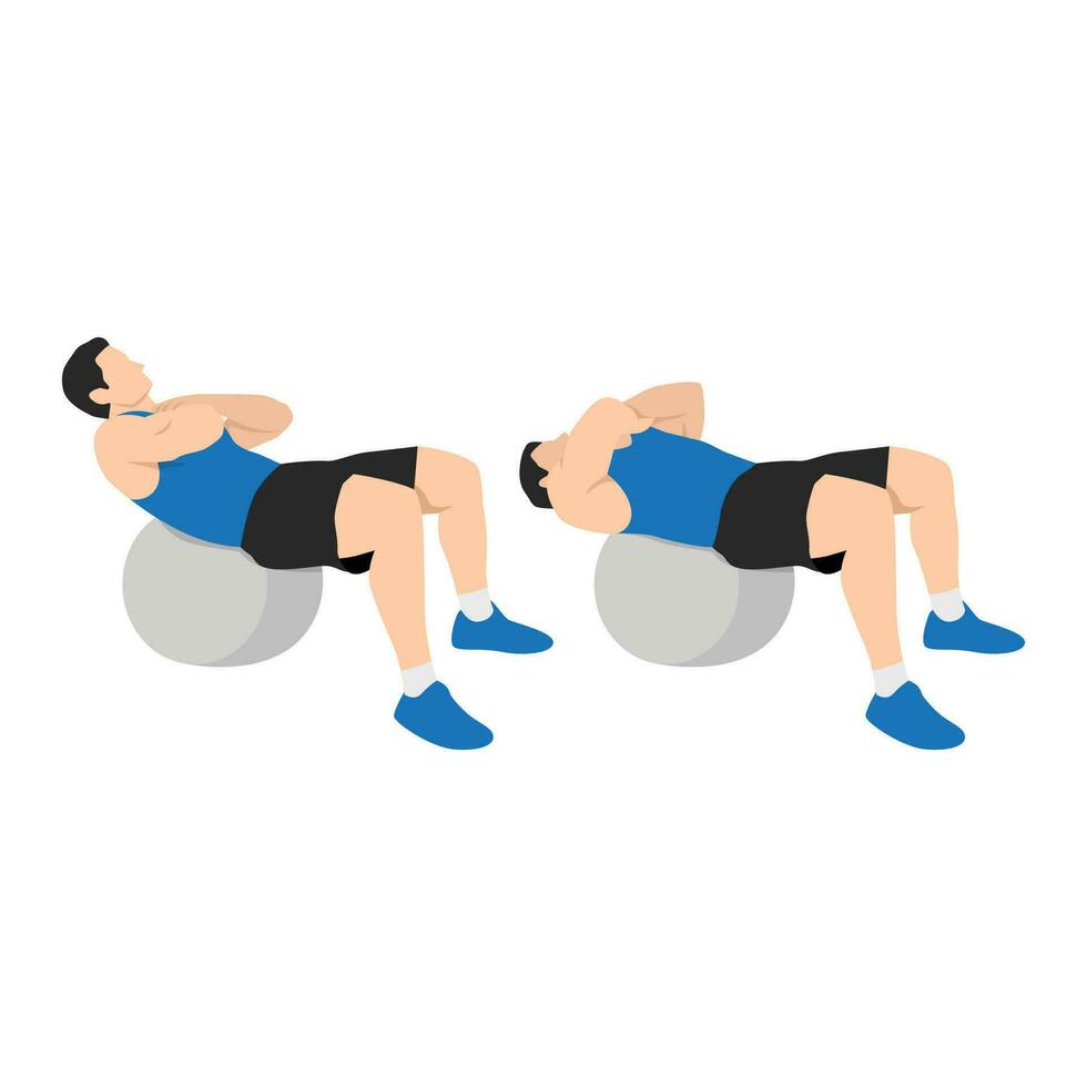 Man doing stability swiss. Ball crunches exercise Flat vector isolated on white background