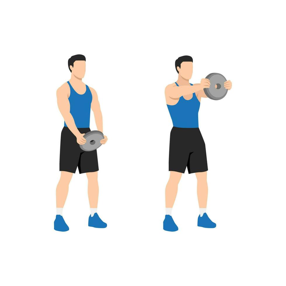 Man doing Standing front shoulder plate raises exercise. Flat vector illustration isolated on white background. workout character set